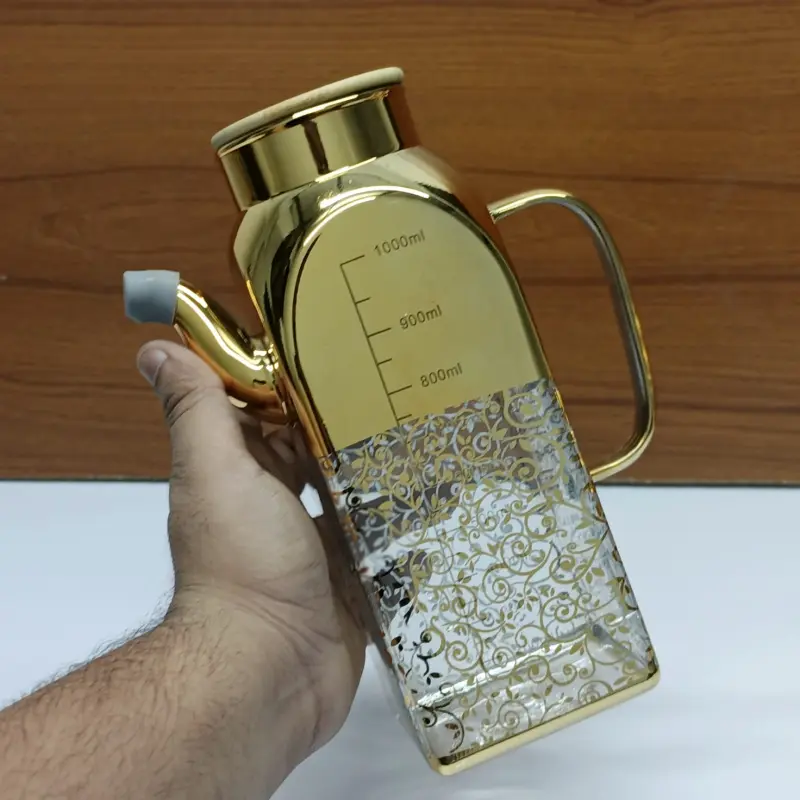 Square Golden Floral Printed Oil Jar ( 1000 ML )