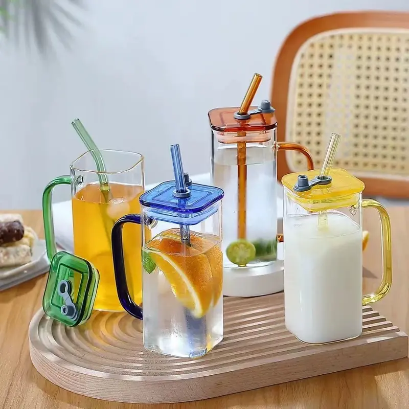 ( 4Pcs Set ) Colorful Glass Mugs with Straw and Lid – 400ml