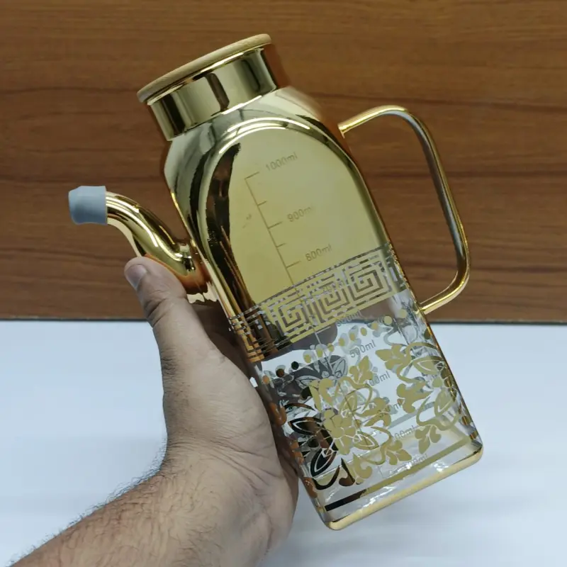 Square Golden Floral Printed Oil Jar ( 1000 ML )
