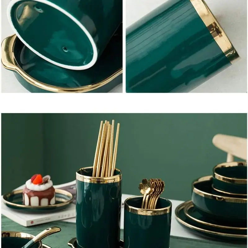 Premium Ceramic Double Spoon Holder Set With Tray With Golden Border