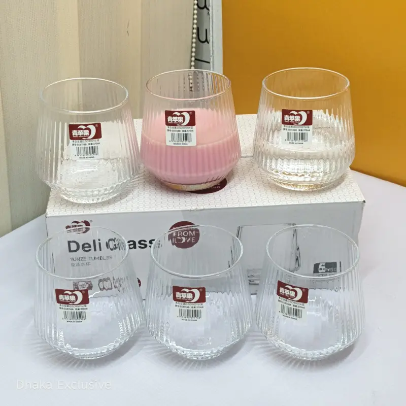 Deluxe Ribbed Glass Tumbler Set – 6 Pieces (370ml)