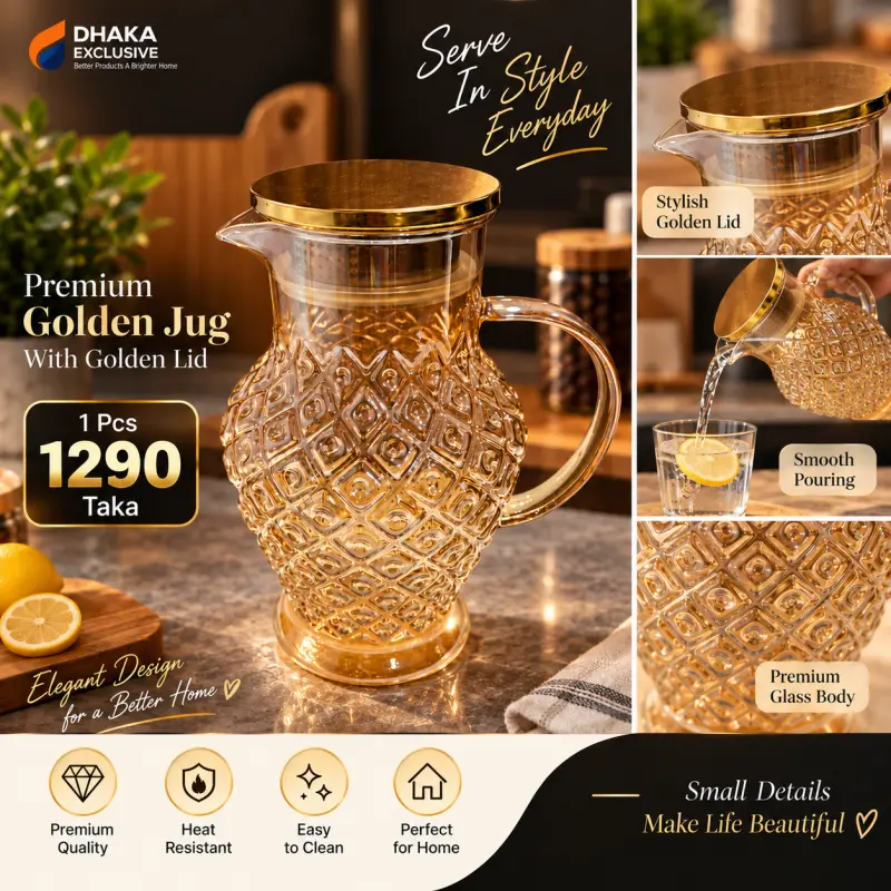 Premium Golden Borosilicate Glass Jug With Golden Lid (Model-1)