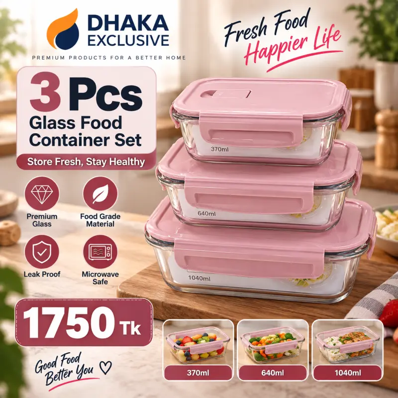 3pcs Premium Glass Food Container Set (Pink)