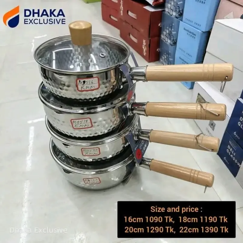 Stainless Steel Hammered milk pan with Wooden Handle