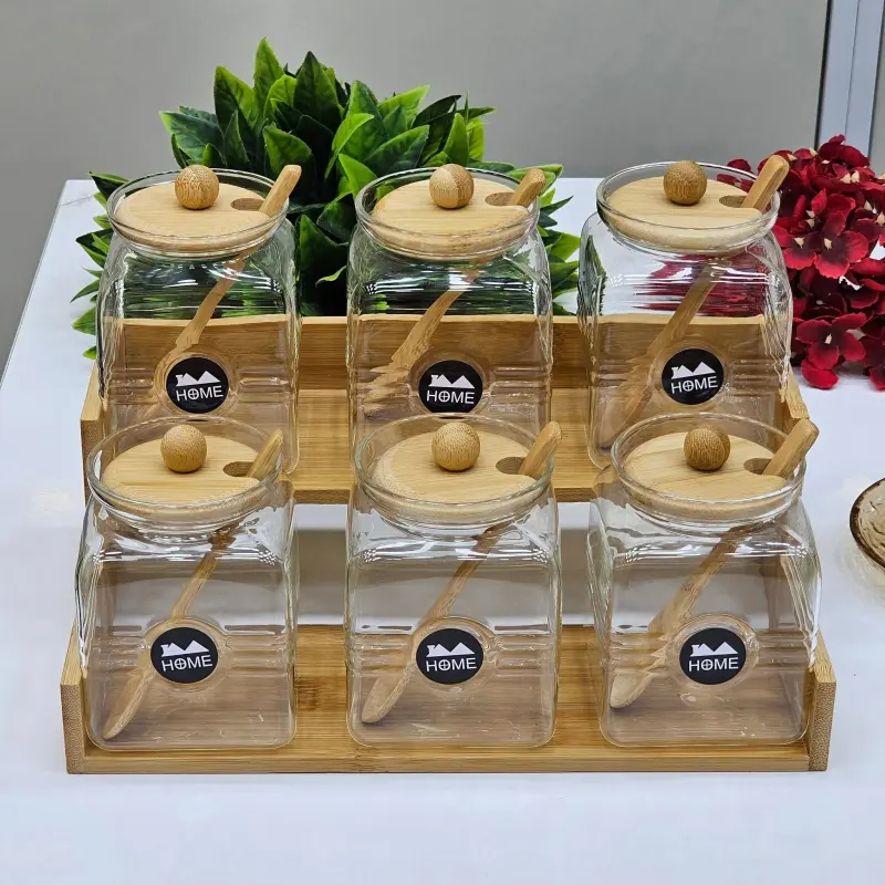 6-Piece Premium Glass & Bamboo Spice Jar Set with Wooden Rack