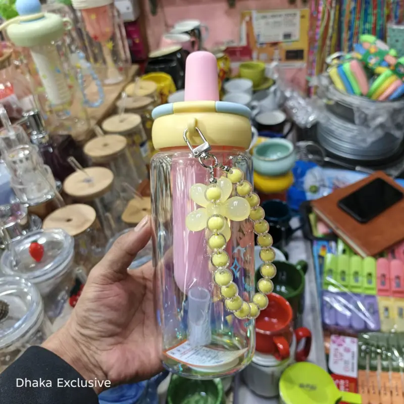 Aesthetic Glass Water Bottle with Infuser and Yellow Floral Charm