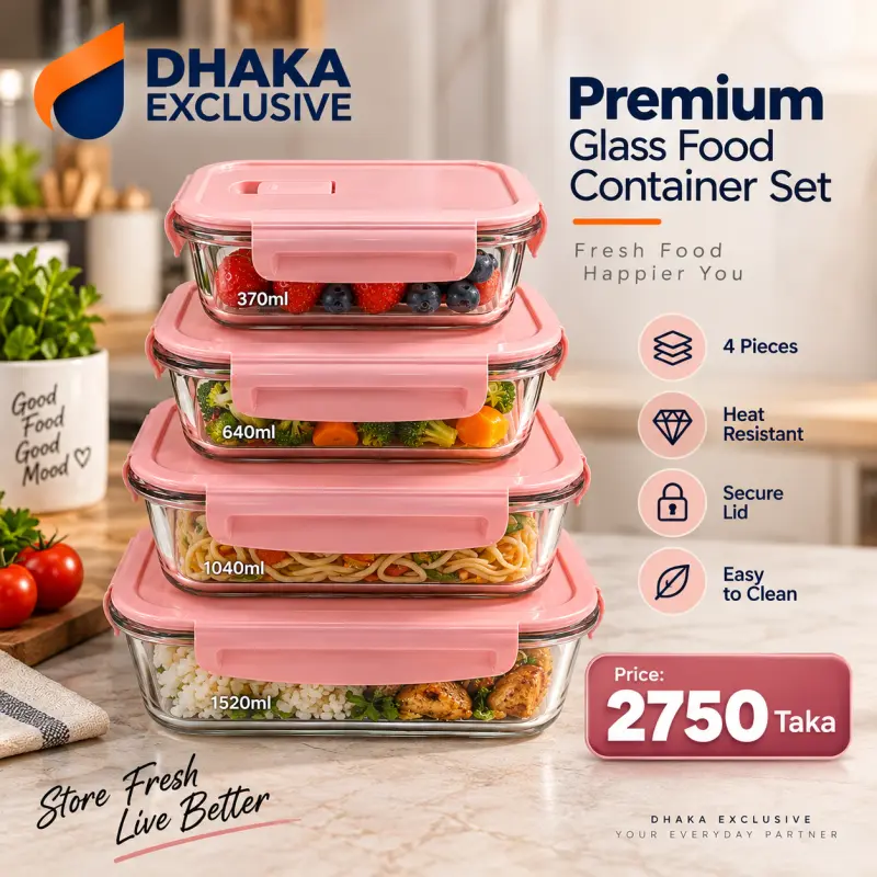 Premium Glass Food Container Set – 4 Pieces (Pink)