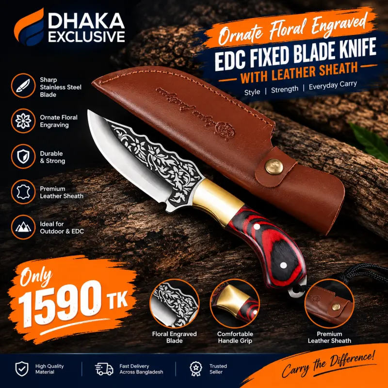 Ornate Floral Engraved EDC Fixed Blade Knife with Leather Sheath