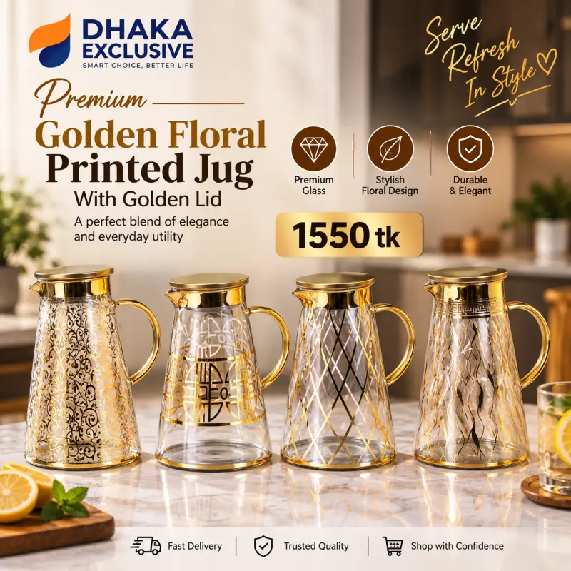 Premium Golden Floral Printed Jug With Golden Lid