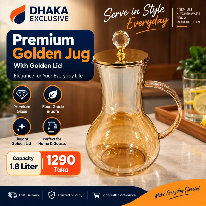 Premium Golden Borosilicate Glass Jug With Golden Lid (Model-4)