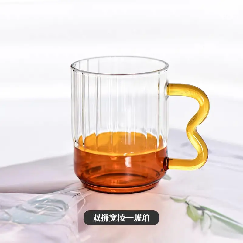 Ribbon Handle Ribbed Glass Mug - Amber