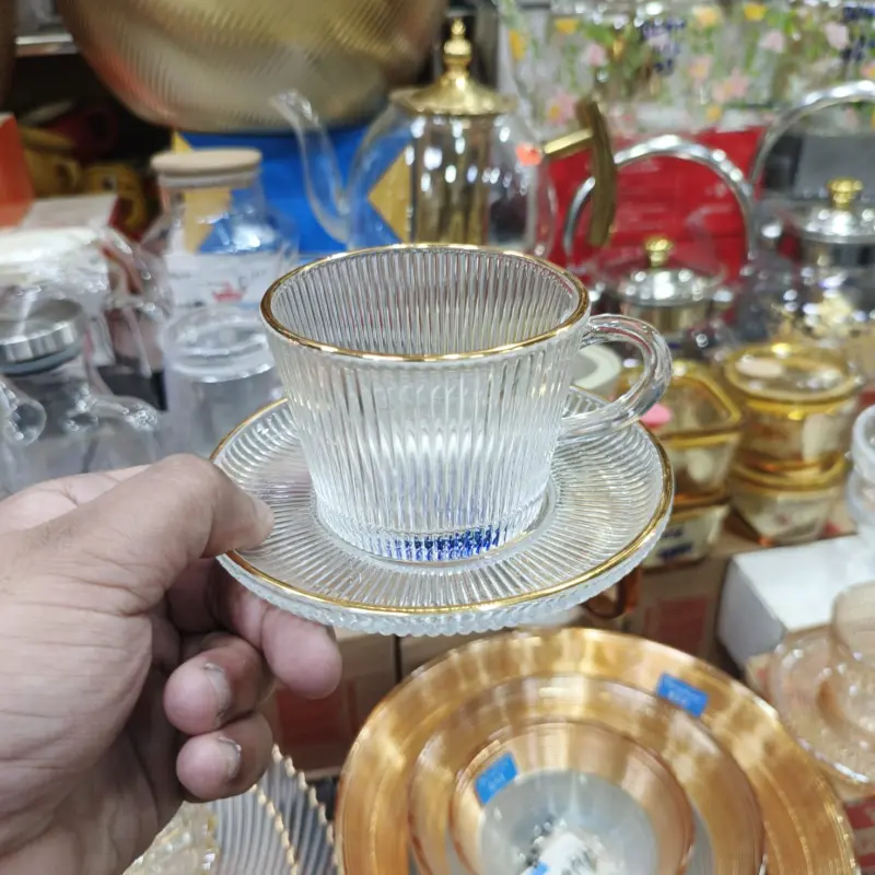 Premium Ribbed Glass Tea Cup & Saucer Set with Gold Rim