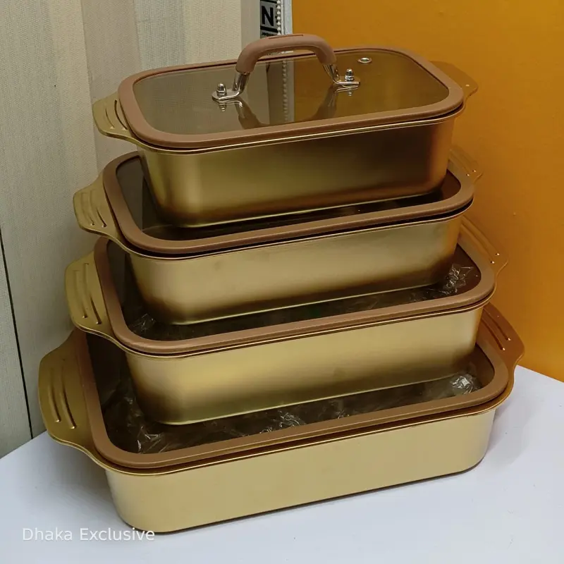 Golden Stainless Steel Serving Dish With Glass Lid (Model: Deep Plane)