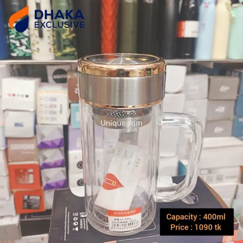 Office Glass Infuser Bottle Tea Tumbler Double Wall Glass Borosilicate Bottle Travel Mug Leakproof Tea Bottle with Strainer Carry Handle