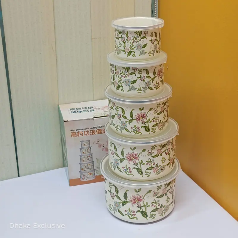 5pcs Enamel Multi Purpose Storage Bati Set ( Green Leaf )