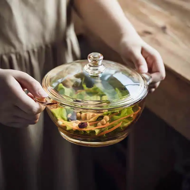 Golden Round Glass Serving Casserole With Lid