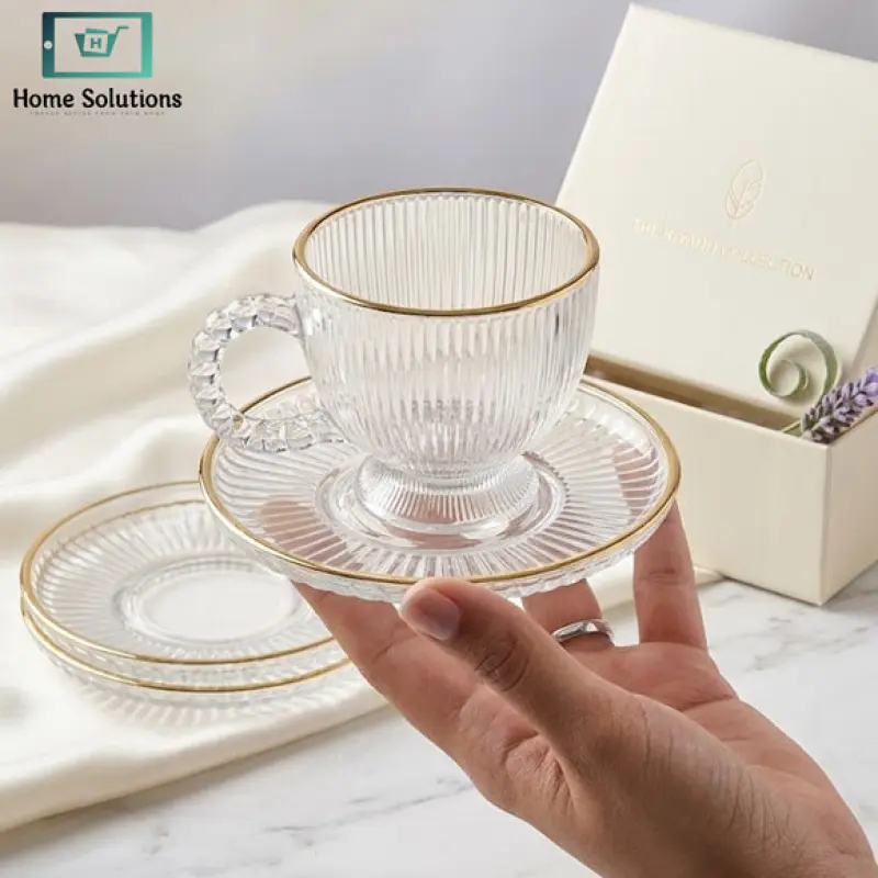 Premium Ribbed Glass Tea Cup & Saucer Set with Gold Rim
