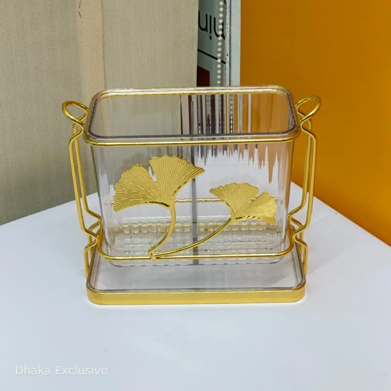 Fiber Plastic spoon holder with metal stand ( White And Golden ) Square